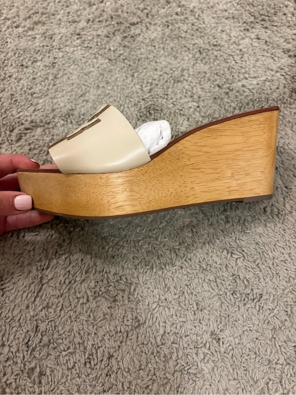 Tory Burch Beige Leather Logo Platform Slides